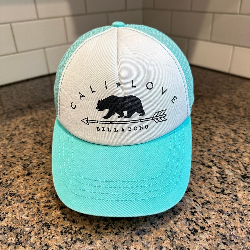 Billabong Cali Love Bear Trucker Hat Adjustable Teal Cream Mesh
